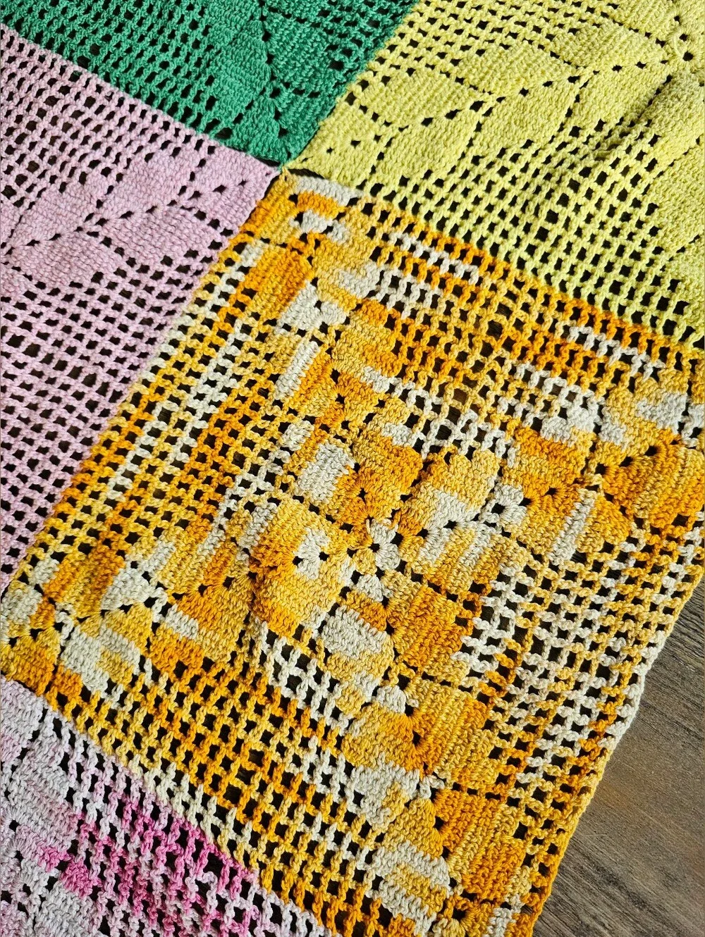 VINTAGE Handmade String Patchwork Diamond- In-Square Design Throw Blanket